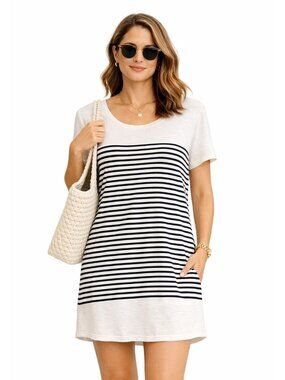 NWT Exist Striped Nautical Preppy Women T-Shirt Dress Oatmeal Black M Travel
